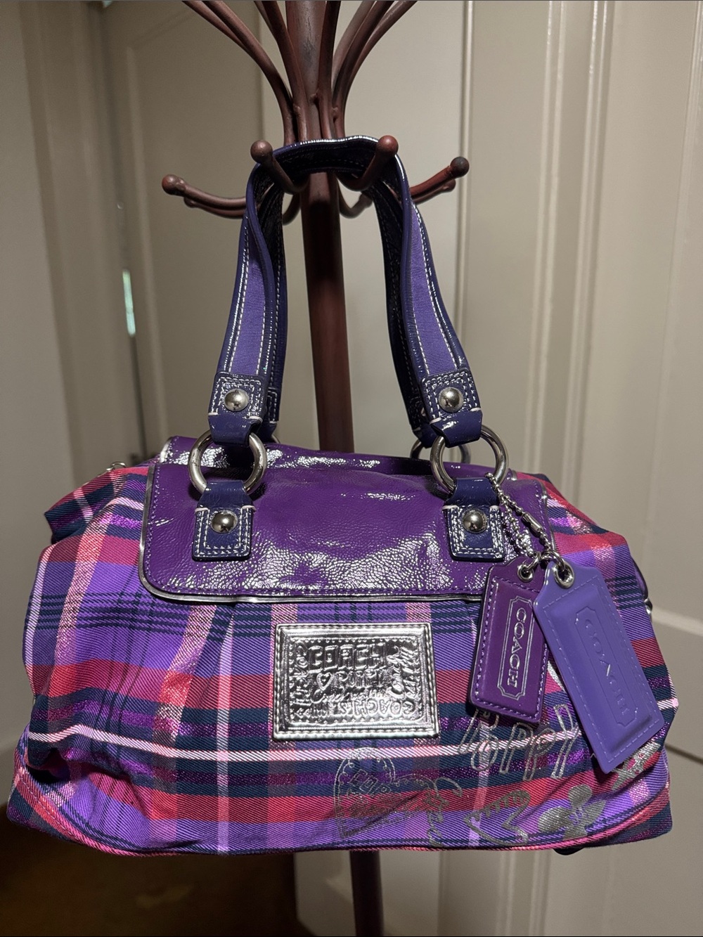 Coach Purple Plaid Patent Trim Satchel